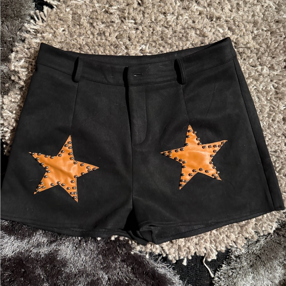 High Waist Black Shorts with Orange Star Details